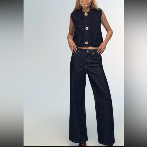 Zara Navy Blue Chunky Knit Button Front Sweater Vest Gold Buttons Size Small - Picture 3 of 8